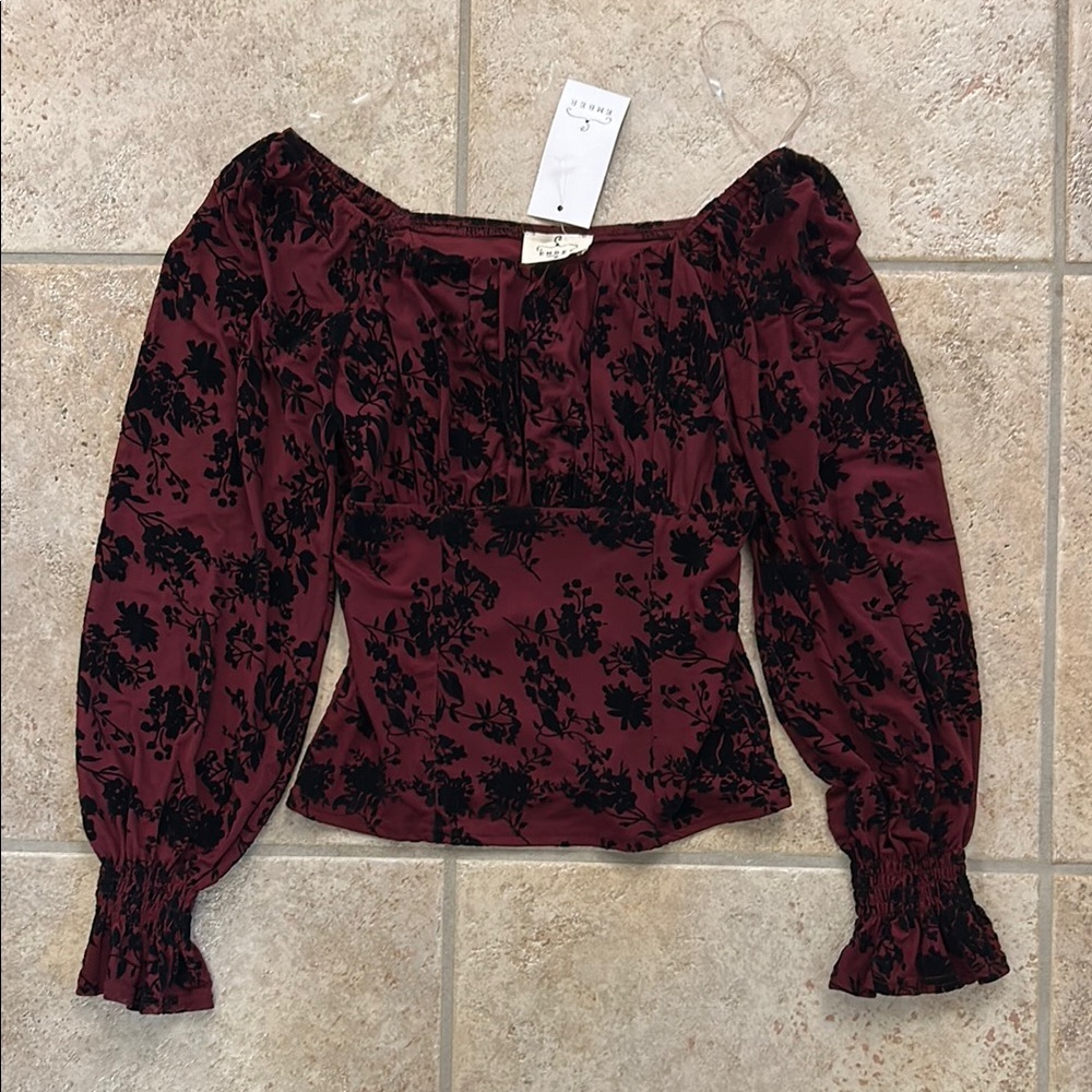Red Long Sleeve Smocked Blouse Women’s Medium